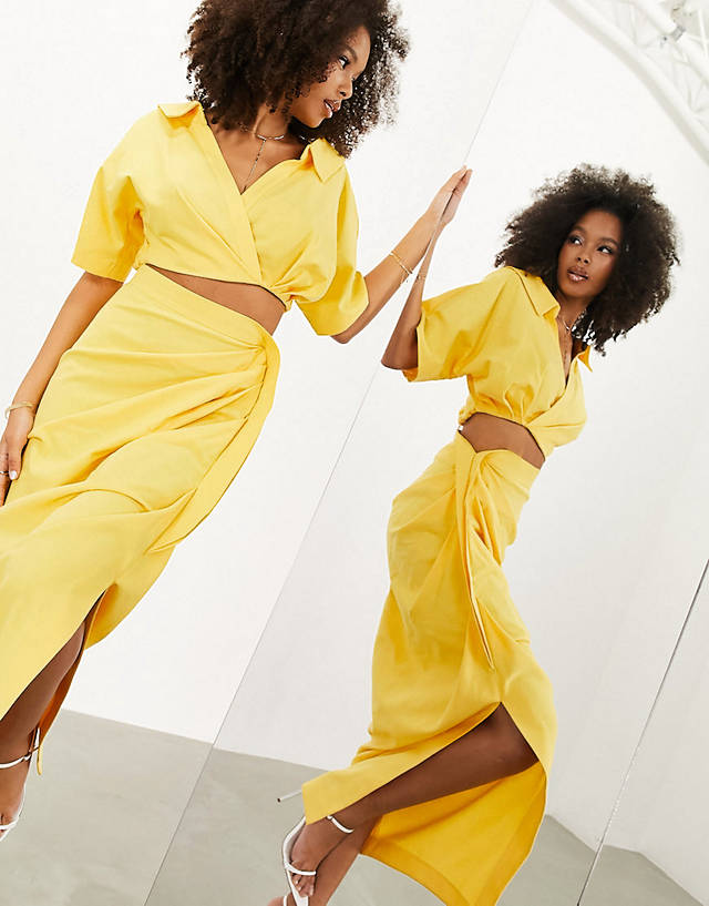 ASOS EDITION - linen cropped wrap shirt and skirt in yellow