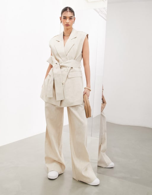 ASOS Edition – Lniany zestaw: marynarka dwurzędowa bez rękawów z paskiem i spodnie 