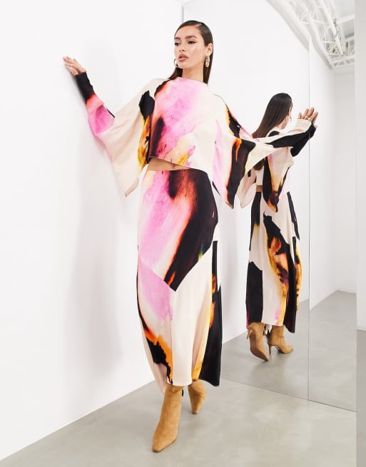 ASOS EDITION long sleeve draped placement top and midi skirt in pink abstract