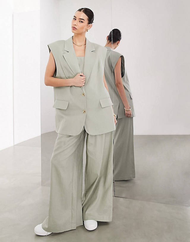 ASOS EDITION - longline waistcoat, crop top & trouser in dusky green