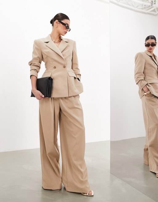 ASOS EDITION nipped in blazer with spiral trim back detail & wide leg pants in stone