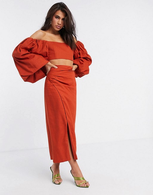 ASOS EDITION off shoulder crop top and midaxi skirt co-ord