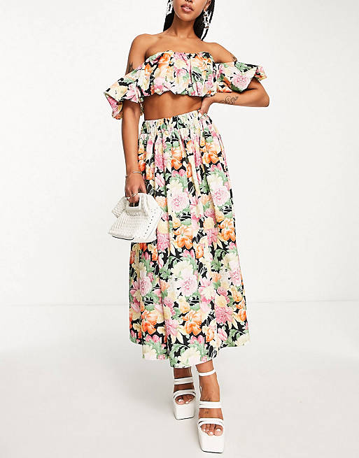 ASOS EDITION off shoulder crop top & midi skirt in dark floral chintz print