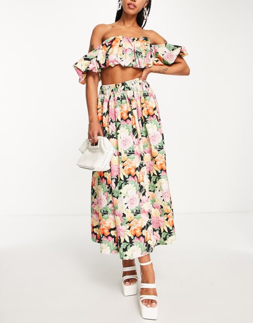 ASOS EDITION off-shoulder crop & midi skirt in dark floral ASOS