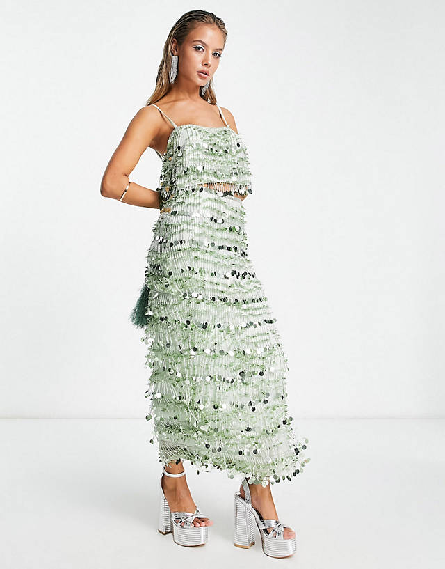 ASOS EDITION - paillette fringe sequin cami top and midi skirt in sage green