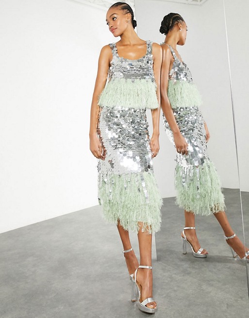 ASOS EDITION paillette sequin midi skirt with faux feather hem in silver and green