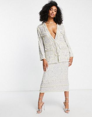 ASOS EDITION pearl embellished jacket & skirt in silver