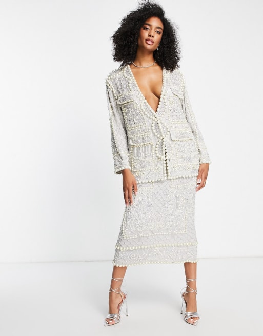 ASOS EDITION pearl embellished jacket skirt in silver ASOS