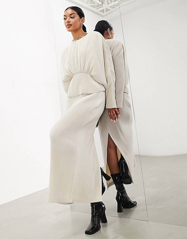 ASOS EDITION - plisse blouson long sleeve top and maxi skirt in camel