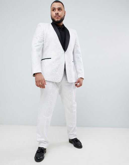 ASOS EDITION Plus – Enger Smoking in weißer Satinoptik mit Pailletten und Spitze