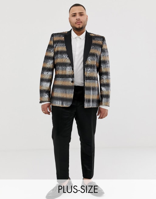 ASOS EDITION Plus - Skinny kostuum in grijs en gouden lovertjes
