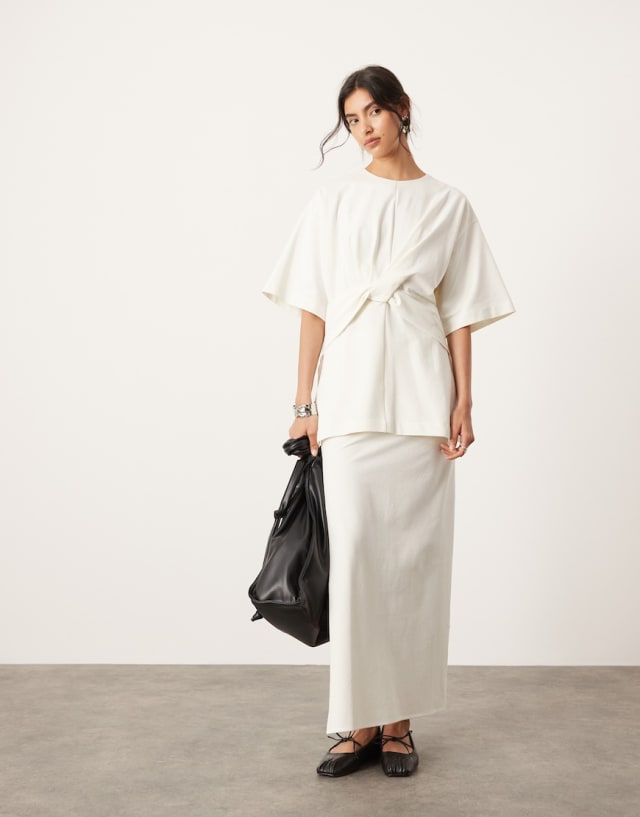 ASOS EDITION - premium textured jersey twist detail tshirt and maxi skirt in cocon