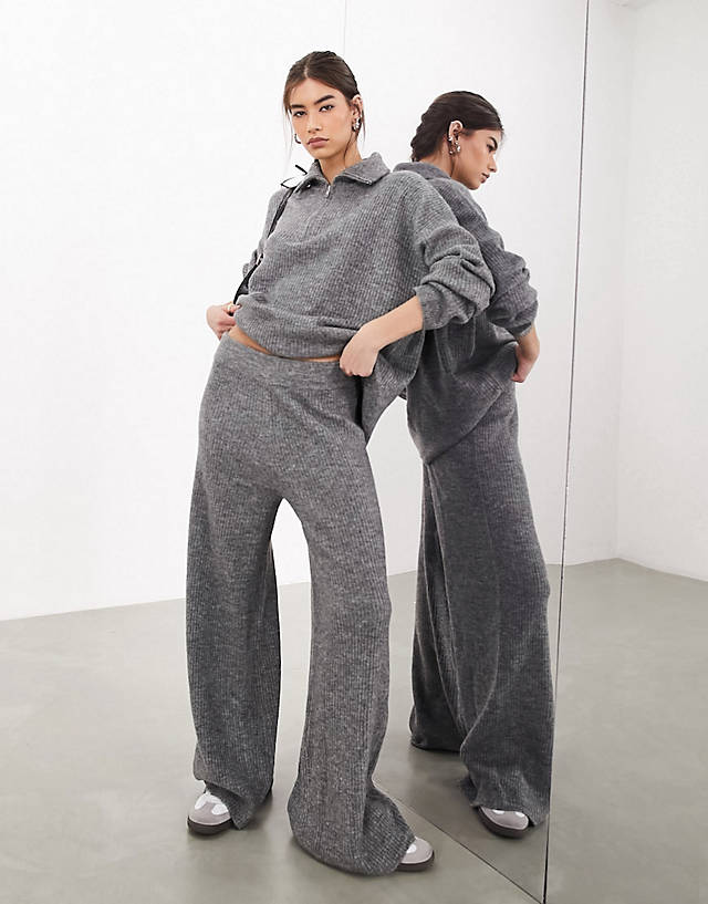 ASOS EDITION - ribbed knitted zip jumper & wide leg trouser in light grey