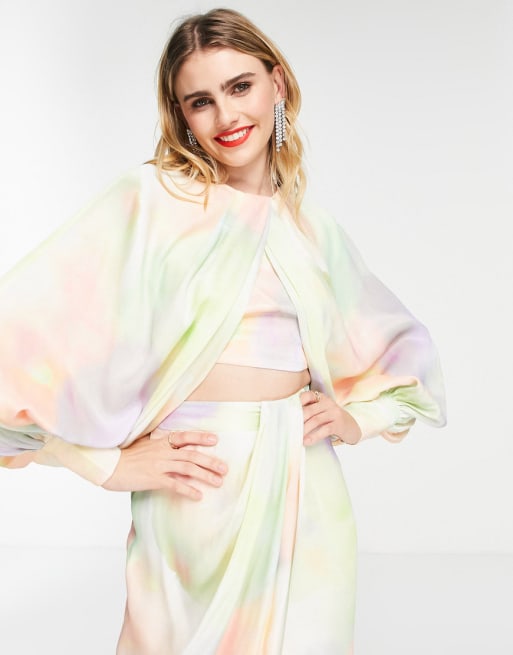 ASOS EDITION - Satijnen gedrapeerde top en midirok met waterverfprint - MULTI