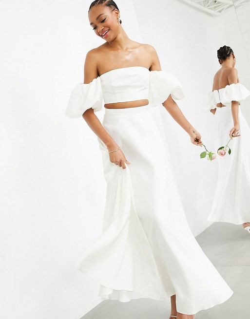 ASOS EDITION satin bandeau crop top and full maxi skirt in Ivory co ord