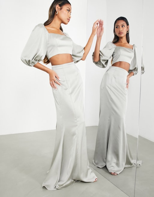 ASOS EDITION satin crop top & maxi skirt set in sage green - LGREEN