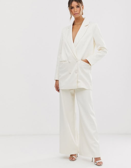 ASOS EDITION satin double breasted blazer & wide leg trouser in ivory ...