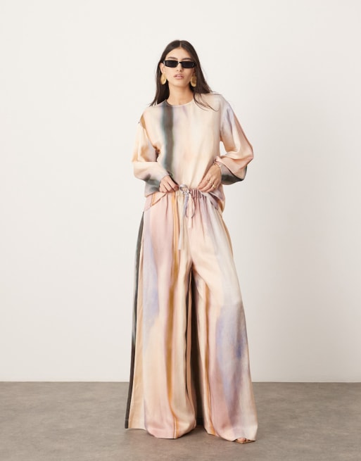 ASOS EDITION satin long sleeve top and pants in blurred stripe