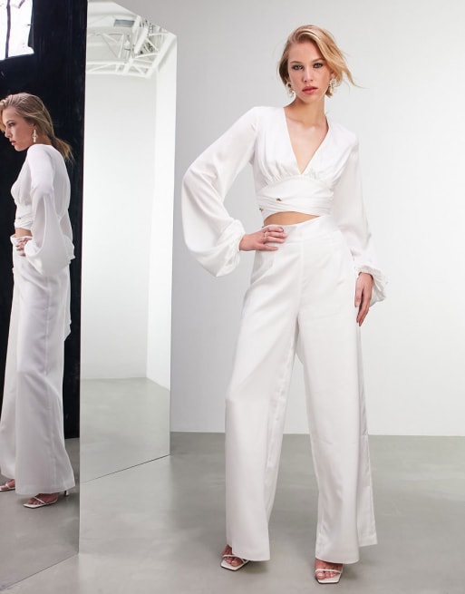 ASOS EDITION satin plunge tie back top & wide leg trouser in ivory  - IVORY