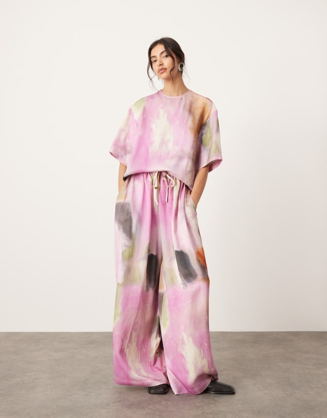 ASOS EDITION - satin short sleeve top and wide leg trouser co-ord in bold watercol