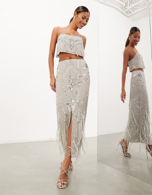 ASOS EDITION sequin and fringe artwork cami top and midi skirt in pale ...