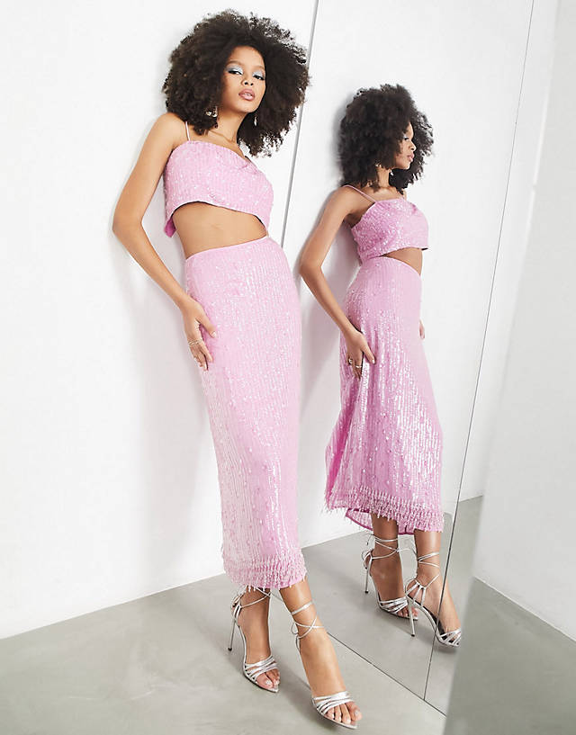 ASOS EDITION - sequin cami crop top & pencil midi skirt in pink
