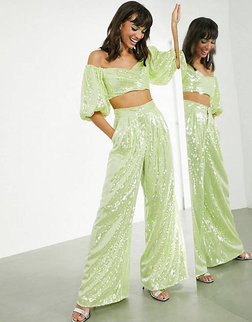 ASOS EDITION sequin crop top and trouser co-ord in green