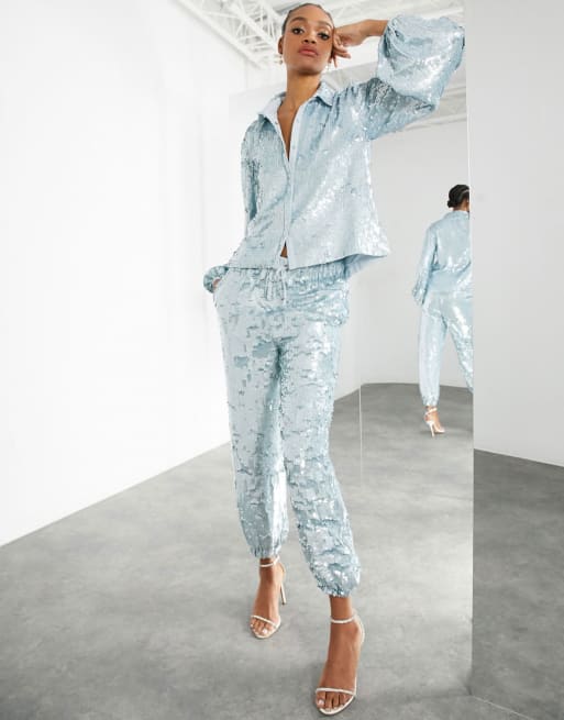 ASOS EDITION sequin shirt and joggers set in pale blue ASOS