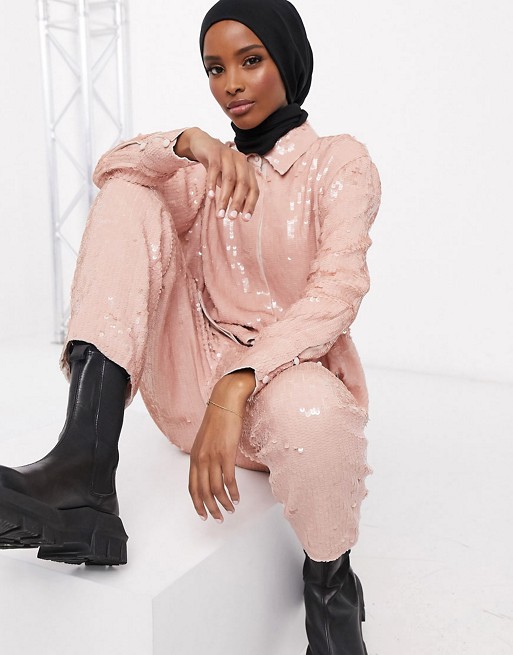 ASOS EDITION sequin shirt & jogger co-ord in pink