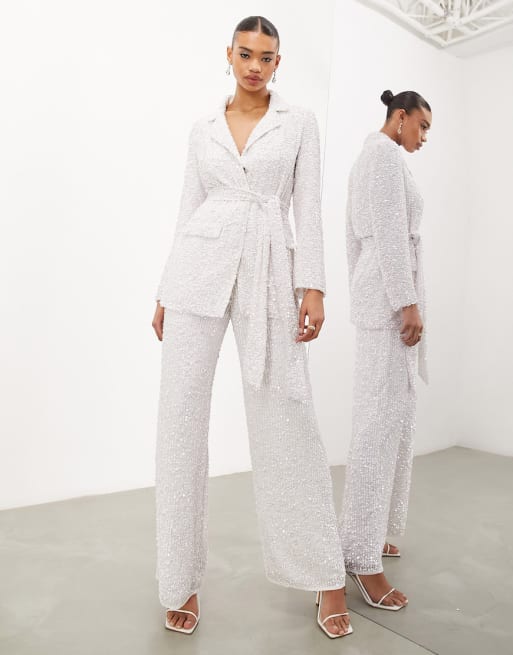 ASOS EDITION sequin tie-front wedding blazer and pants in ivory