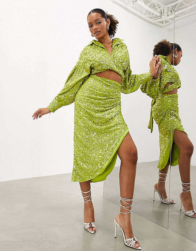 ASOS EDITION - sequin wrap front shirt and midi skirt in lime green