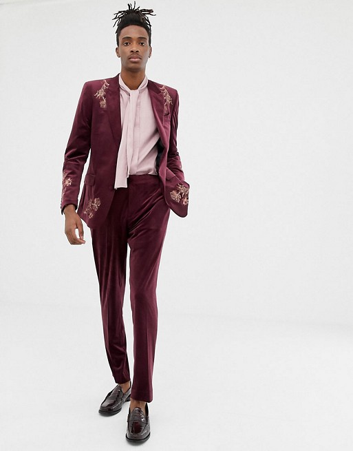 ASOS EDITION skinny suit in burgundy embroidered velvet