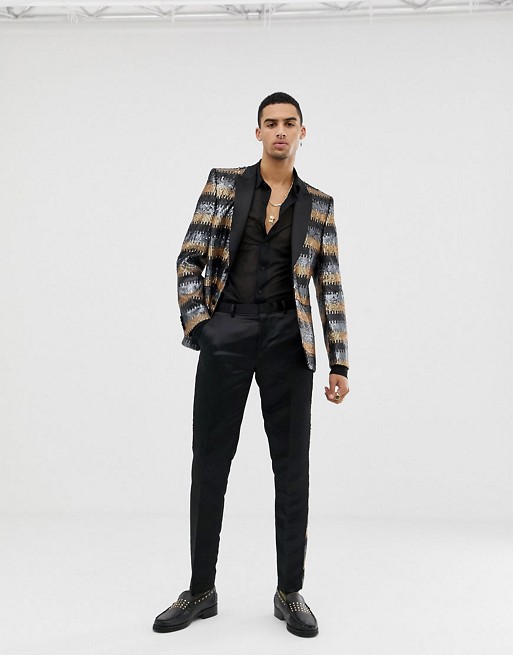 ASOS EDITION skinny suit in grey and gold sequins