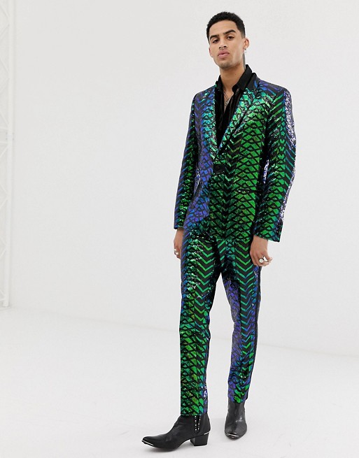 ASOS EDITION skinny tuxedo in green geo patterned sequins