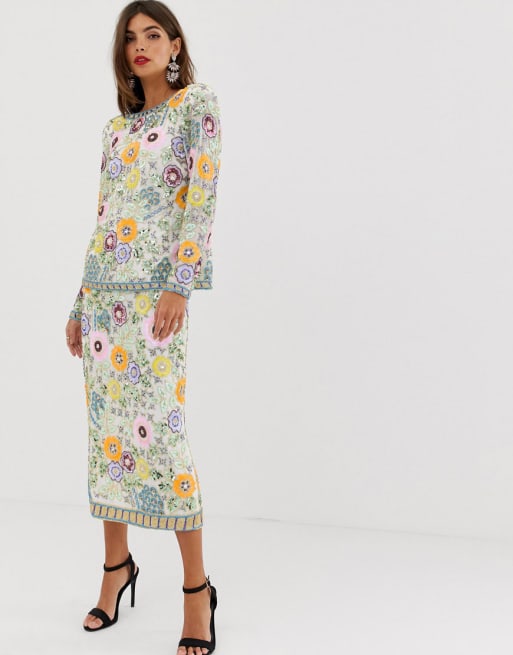 ASOS EDITION - Top e gonna midi con decorazione a fiori in coordinato