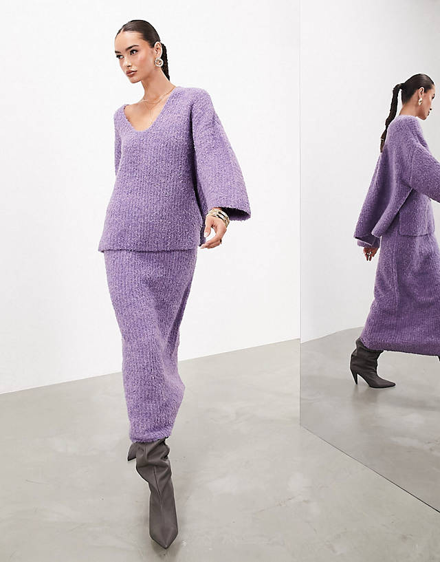 ASOS EDITION - v neck fluffy jumper and skirt co-ord purple