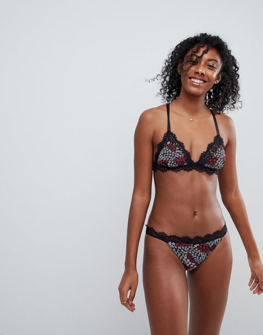 ASOS – Flora – Brasilianischer Slip mit Blümchenmuster und Spitze und Triangel-BH im Set