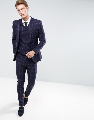 ASOS – Granatowo-różowy garnitur o bardzo obcisłym kroju w dużą kratę 