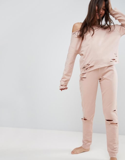 ASOS LOUNGE - Completo con felpa con spalle scoperte e joggers a coste
