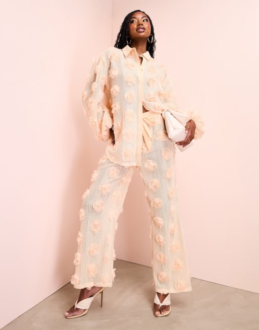 ASOS LUXE 3D floral oversized crochet beach shirt and trousers in cream