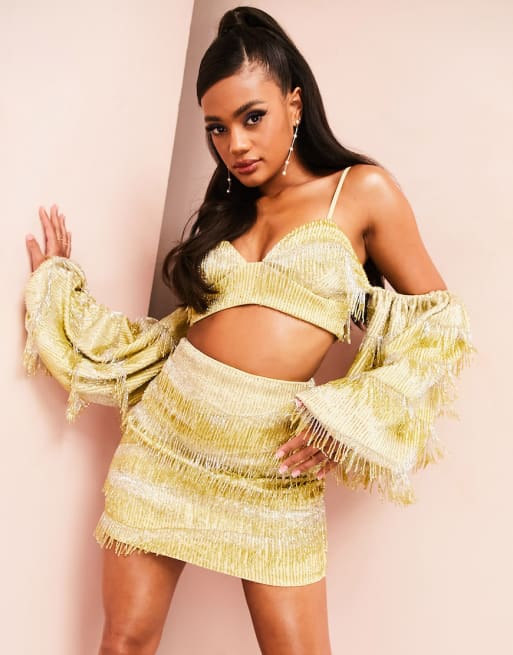 ASOS LUXE bardot beaded top and mini skirt set in yellow