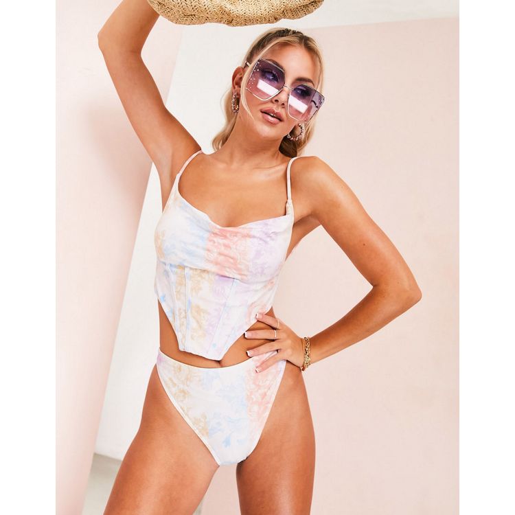 ASOS LUXE corset fitted swimsuit with long sleeve in toile de juoy print