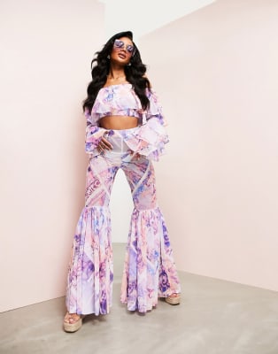 ASOS LUXE chiffon tiered sarong in postcard print