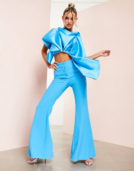 Blue Polyester Co Ords Crop Top And trouser set with formal pant