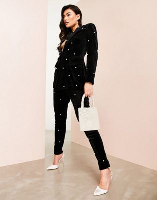 ASOS LUXE co-ord pearl velvet suit fitted blazer and trousers in black