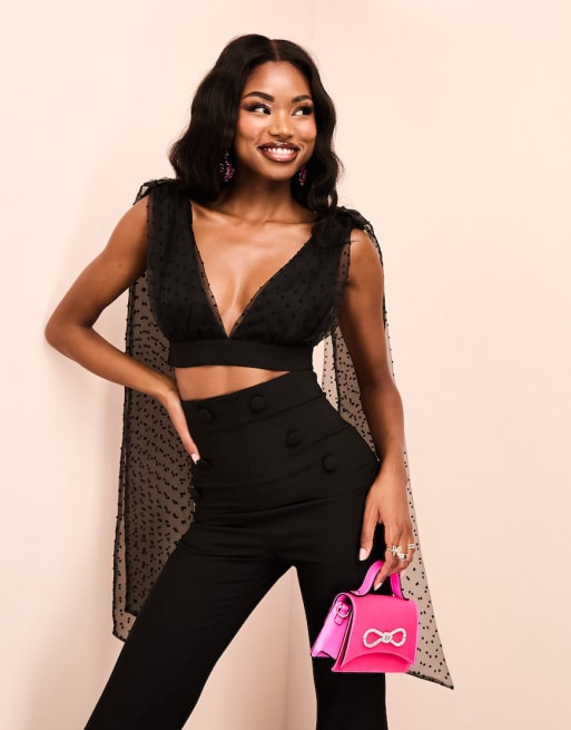 ASOS LUXE co-ord tie shoulder top and kickflare trousers in black