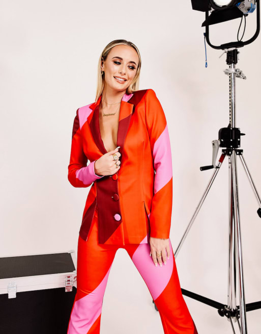 ASOS LUXE color block suit set in red & pink