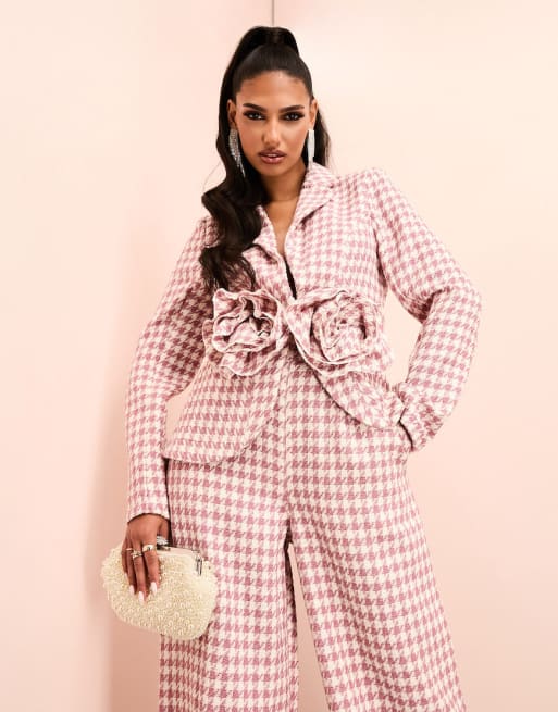 ASOS LUXE - Coordinato con blazer con corsetto in jacquard con motivo pied de poule e pantaloni, colore bianco e rosa