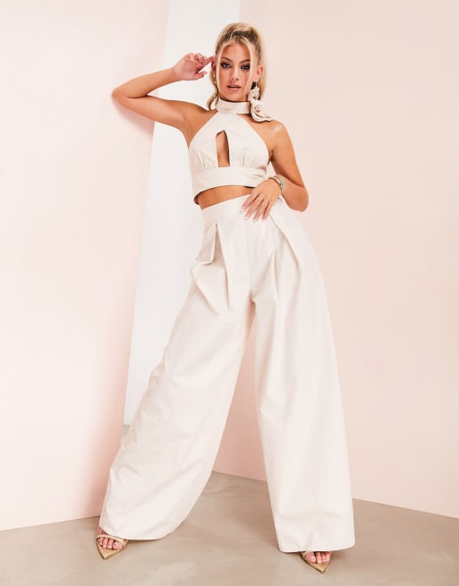 ASOS LUXE Curve halterneck corsage sleeve crop top and high waisted pants  set