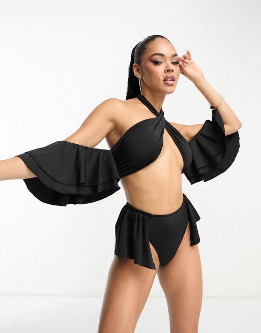 ASOS LUXE cross neck ruffle sleeve bikini top and high waist bikini